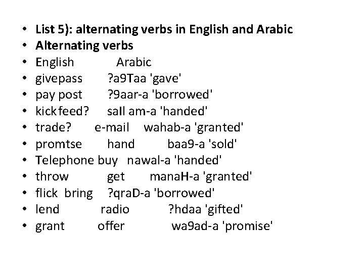 • • • • List 5): alternating verbs in English and Arabic Alternating • • • • List 5): alternating verbs in English and Arabic Alternating