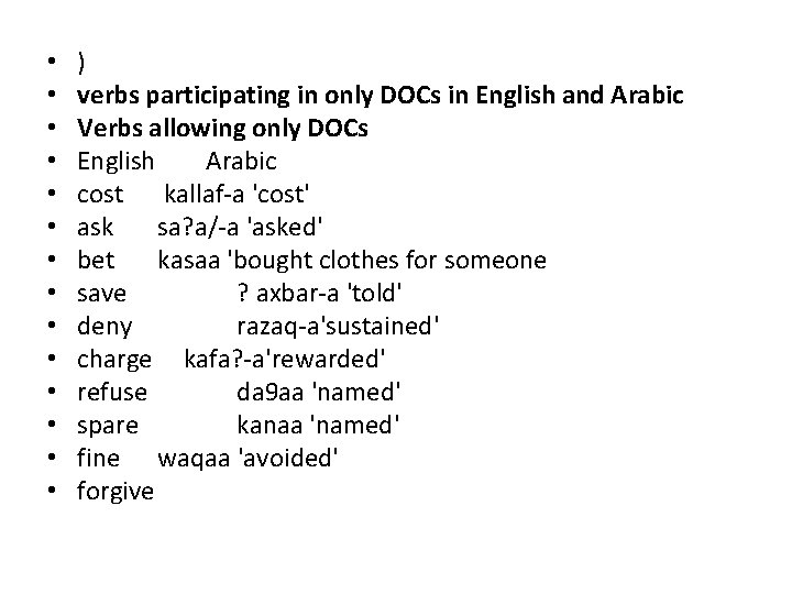 • • • • ) verbs participating in only DOCs in English and • • • • ) verbs participating in only DOCs in English and