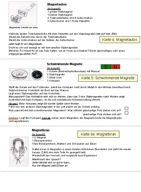 Magnetautos Ihr braucht: 1 großer Stabmagnet 1 kleiner Stabmagnet 2 Trinkhalmstücke und 4 Korkscheiben