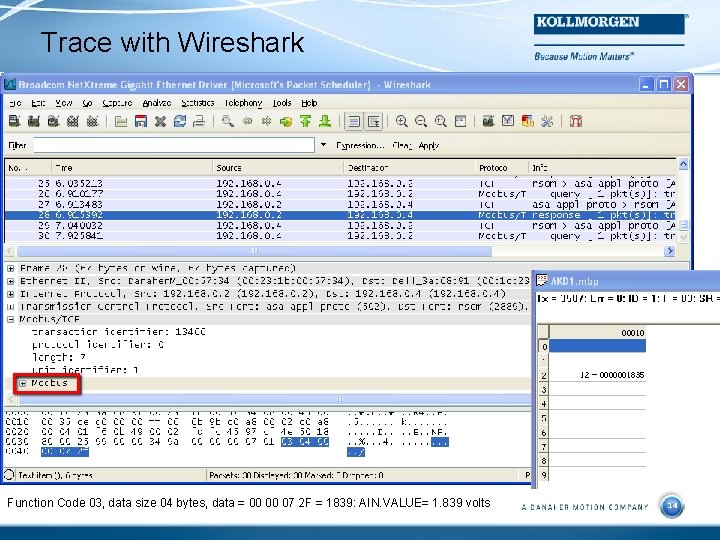 Trace with Wireshark 14 Function Code 03, data size 04 bytes, data = 00