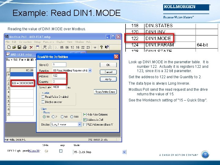 Example: Read DIN 1. MODE Reading the value of DIN 1. MODE over Modbus.