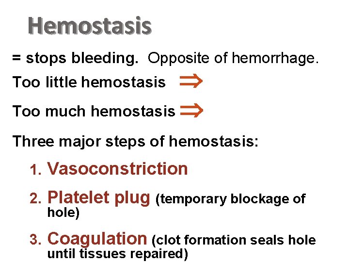 Hemostasis = stops bleeding. Opposite of hemorrhage. Too much hemostasis Too little hemostasis Three