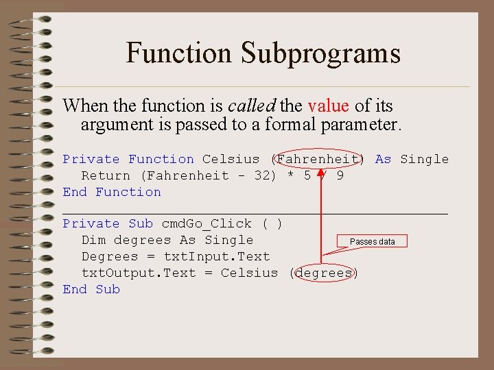 Function Subprograms When the function is called the value of its argument is passed