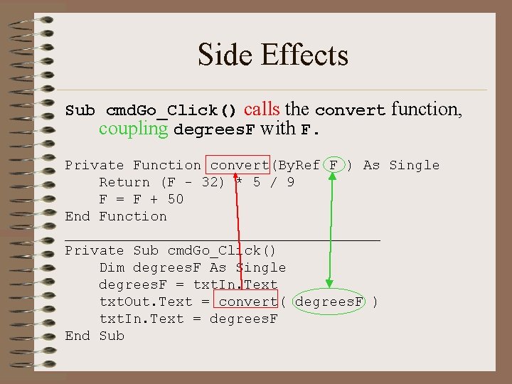 Side Effects Sub cmd. Go_Click() calls the convert function, coupling degrees. F with F.