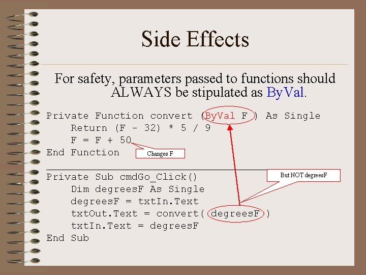 Side Effects For safety, parameters passed to functions should ALWAYS be stipulated as By.