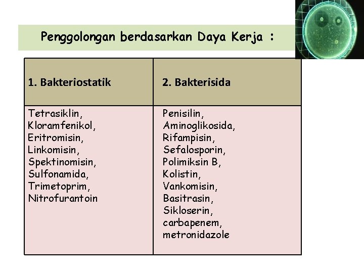 Penggolongan berdasarkan Daya Kerja : 1. Bakteriostatik 2. Bakterisida Tetrasiklin, Kloramfenikol, Eritromisin, Linkomisin, Spektinomisin,