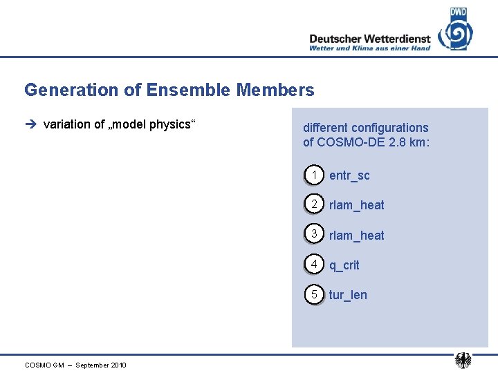 Generation of Ensemble Members è variation of „model physics“ COSMO GM – September 2010