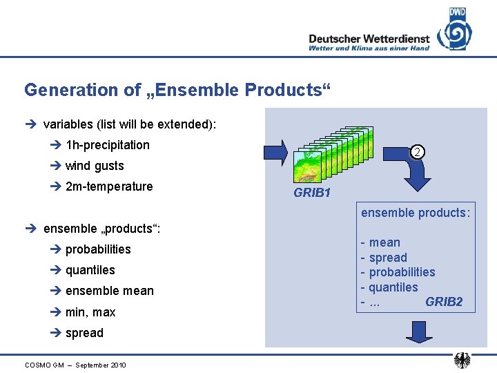 Generation of „Ensemble Products“ è variables (list will be extended): è 1 h-precipitation 2