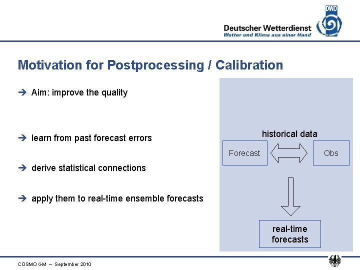 Motivation for Postprocessing / Calibration è Aim: improve the quality historical data è learn