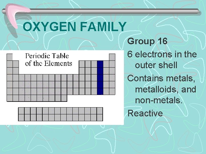 OXYGEN FAMILY Group 16 6 electrons in the outer shell Contains metals, metalloids, and