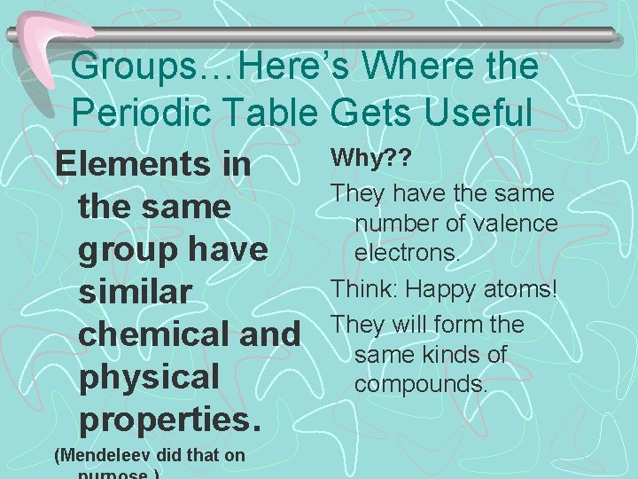 Groups…Here’s Where the Periodic Table Gets Useful Elements in the same group have similar