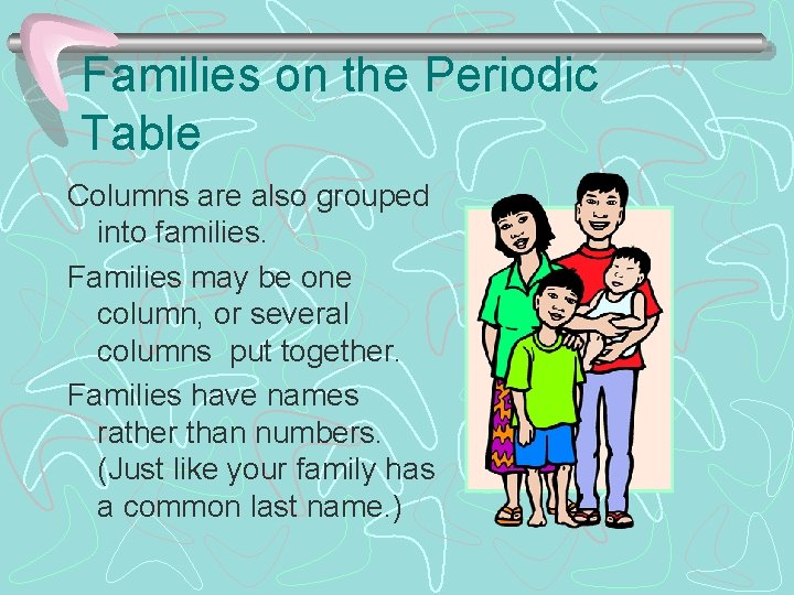 Families on the Periodic Table Columns are also grouped into families. Families may be