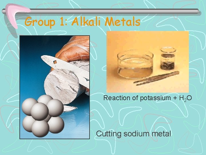 Group 1: Alkali Metals Reaction of potassium + H 2 O Cutting sodium metal