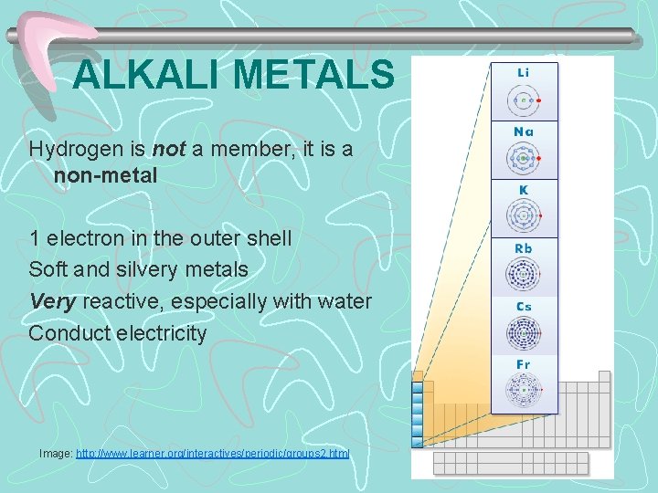ALKALI METALS Hydrogen is not a member, it is a non-metal 1 electron in