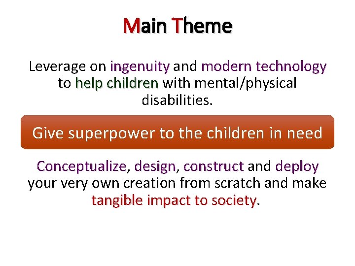 Main Theme Leverage on ingenuity and modern technology to help children with mental/physical disabilities.