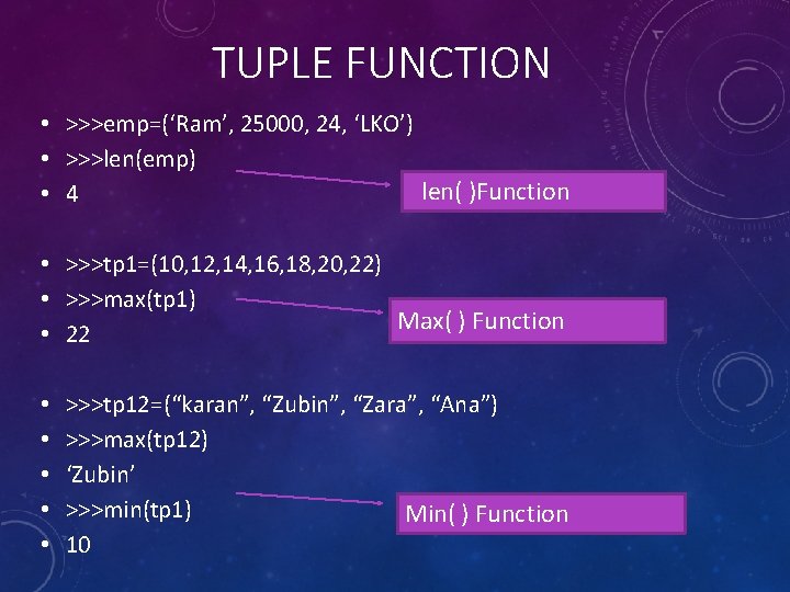 TUPLE FUNCTION • >>>emp=(‘Ram’, 25000, 24, ‘LKO’) • >>>len(emp) len( )Function • 4 •