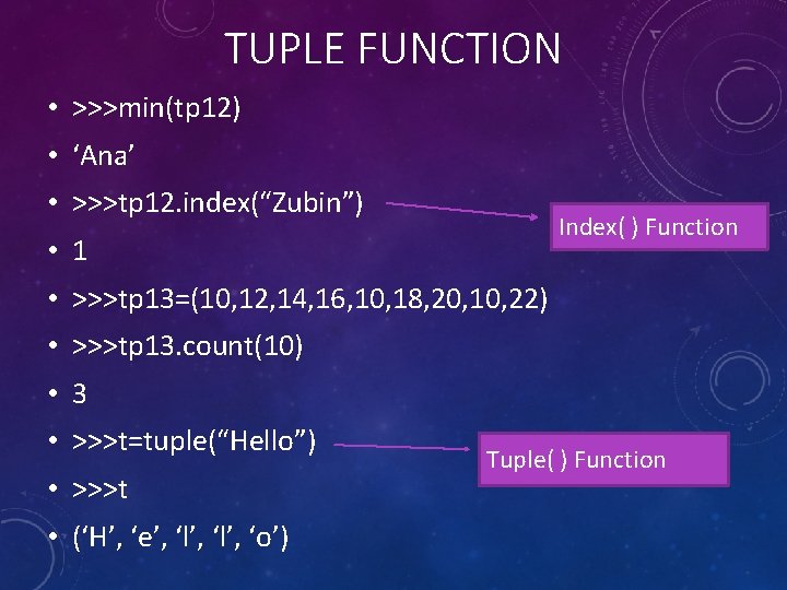 TUPLE FUNCTION • >>>min(tp 12) • ‘Ana’ • >>>tp 12. index(“Zubin”) Index( ) Function