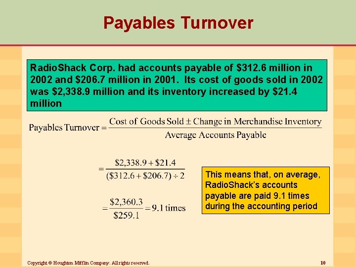 Payables Turnover Radio. Shack Corp. had accounts payable of $312. 6 million in 2002