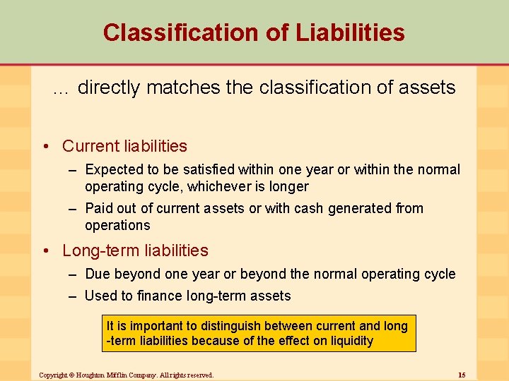 Classification of Liabilities … directly matches the classification of assets • Current liabilities –