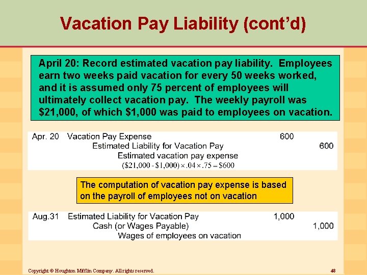 Vacation Pay Liability (cont’d) April 20: Record estimated vacation pay liability. Employees earn two