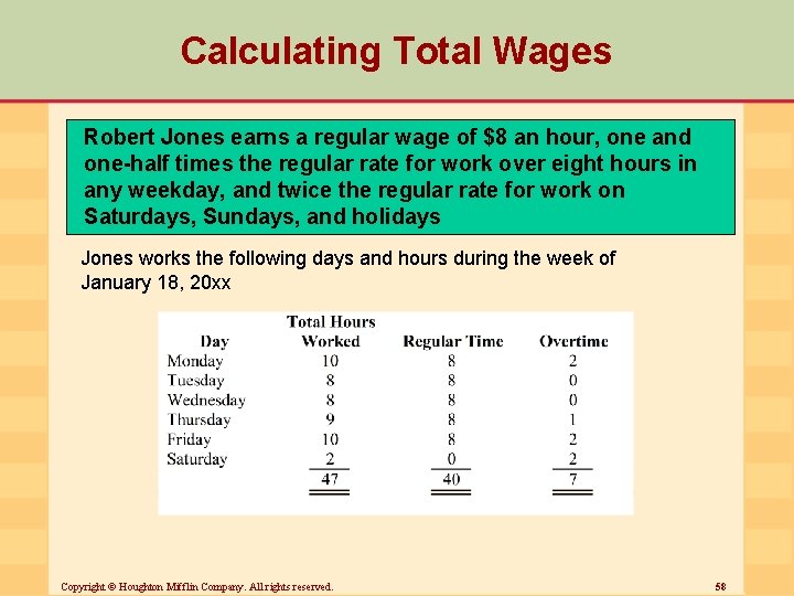 Calculating Total Wages Robert Jones earns a regular wage of $8 an hour, one