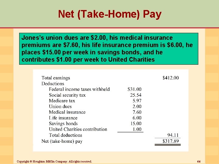 Net (Take-Home) Pay Jones’s union dues are $2. 00, his medical insurance premiums are