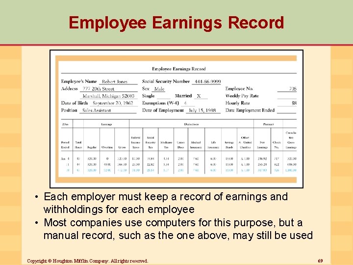 Employee Earnings Record • Each employer must keep a record of earnings and withholdings