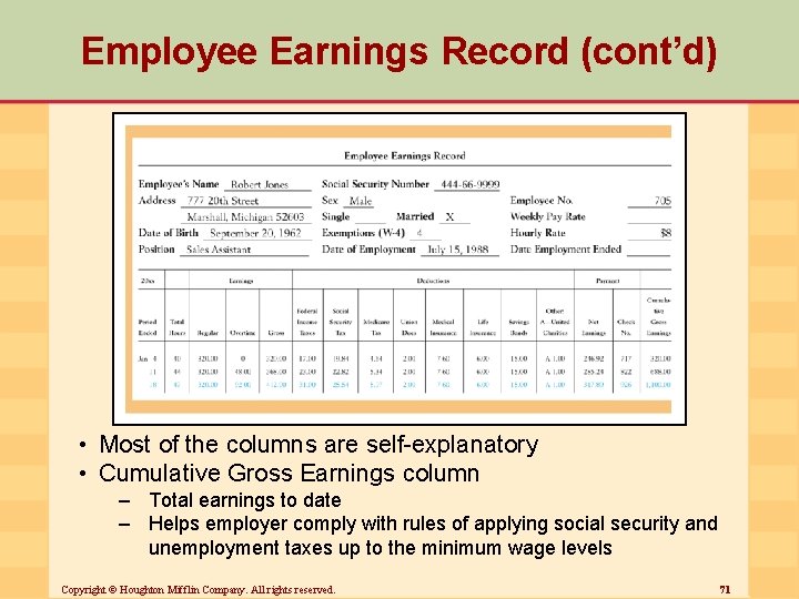 Employee Earnings Record (cont’d) • Most of the columns are self-explanatory • Cumulative Gross