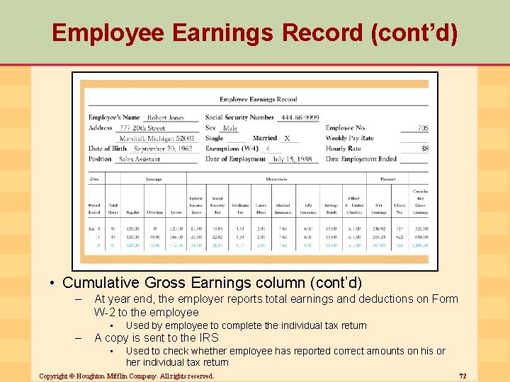 Employee Earnings Record (cont’d) • Cumulative Gross Earnings column (cont’d) – At year end,