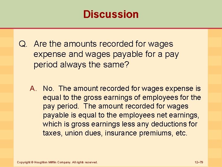 Discussion Q. Are the amounts recorded for wages expense and wages payable for a