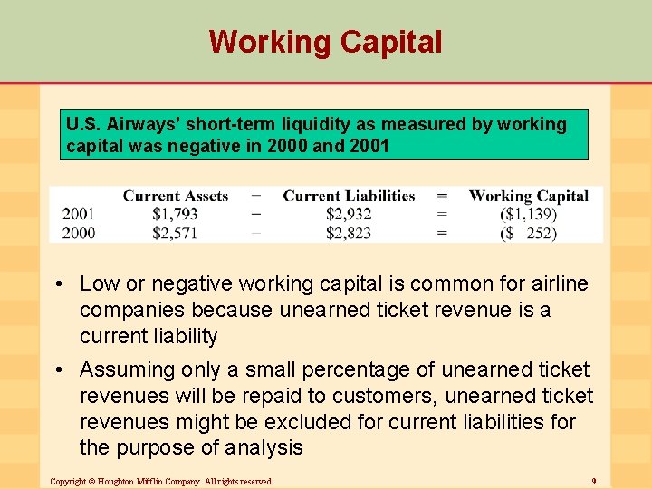 Working Capital U. S. Airways’ short-term liquidity as measured by working capital was negative