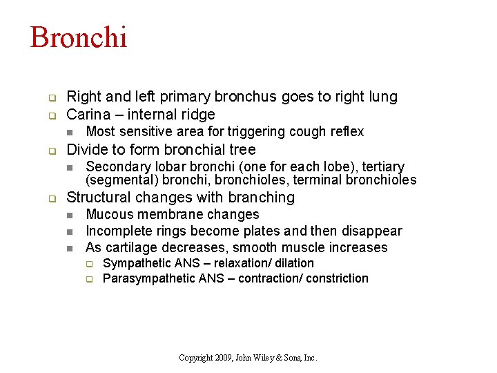 Bronchi q q Right and left primary bronchus goes to right lung Carina –