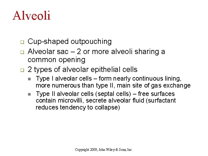 Alveoli q q q Cup-shaped outpouching Alveolar sac – 2 or more alveoli sharing