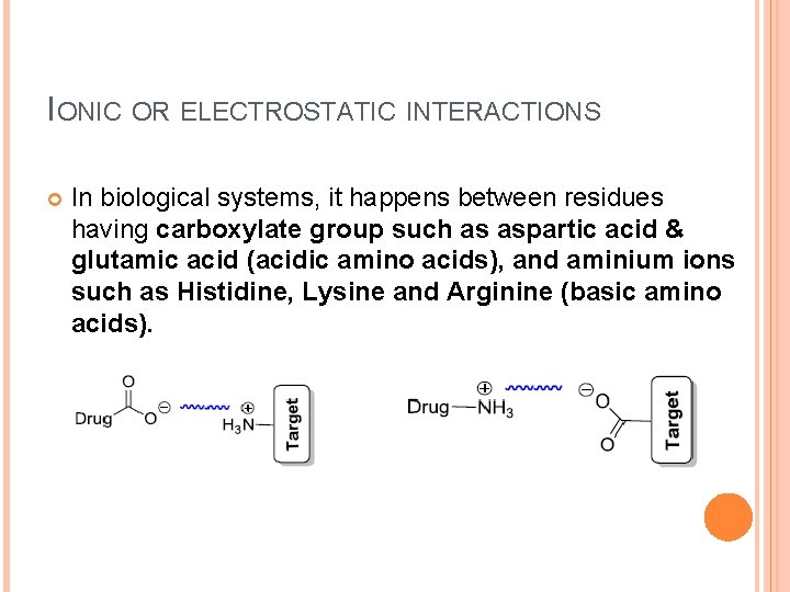 IONIC OR ELECTROSTATIC INTERACTIONS In biological systems, it happens between residues having carboxylate group
