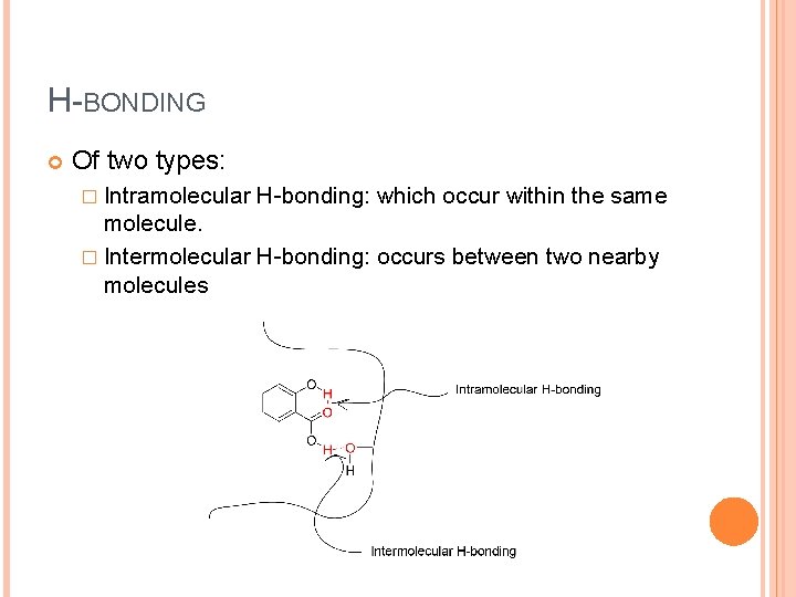 H-BONDING Of two types: � Intramolecular H-bonding: which occur within the same molecule. �