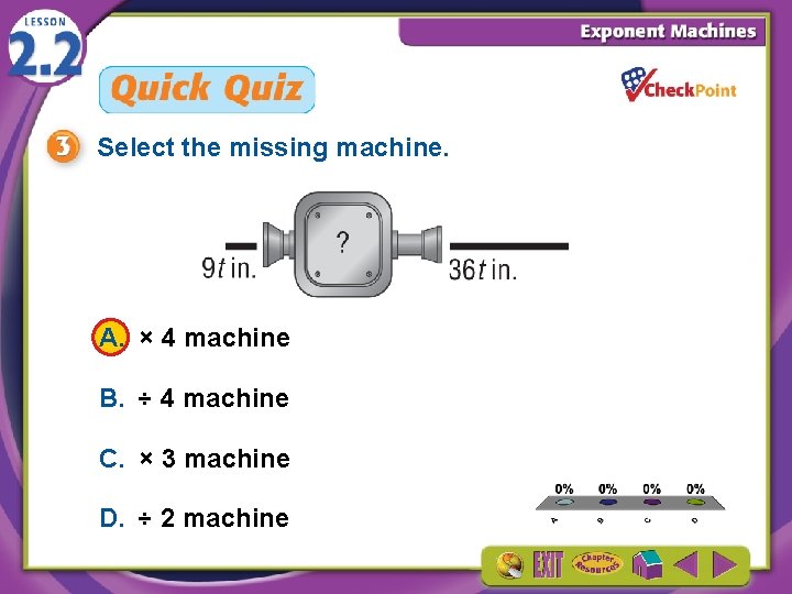 Select the missing machine. A. × 4 machine B. ÷ 4 machine C. ×