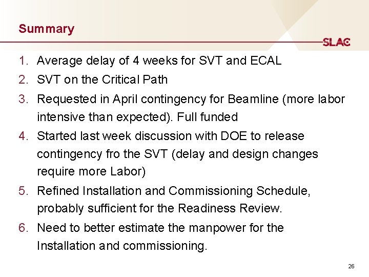 Summary 1. Average delay of 4 weeks for SVT and ECAL 2. SVT on