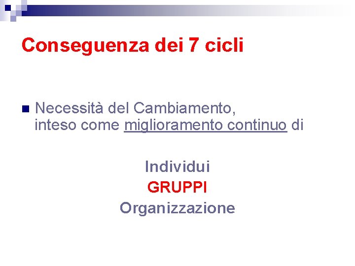 Conseguenza dei 7 cicli n Necessità del Cambiamento, inteso come miglioramento continuo di Individui