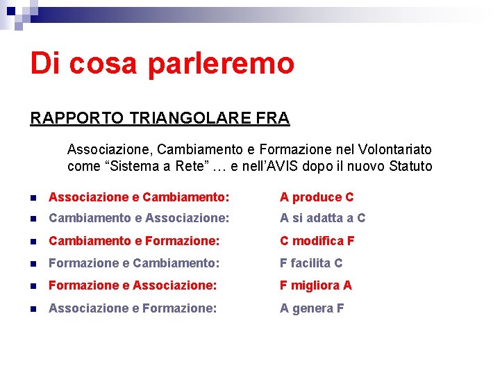 Di cosa parleremo RAPPORTO TRIANGOLARE FRA Associazione, Cambiamento e Formazione nel Volontariato come “Sistema