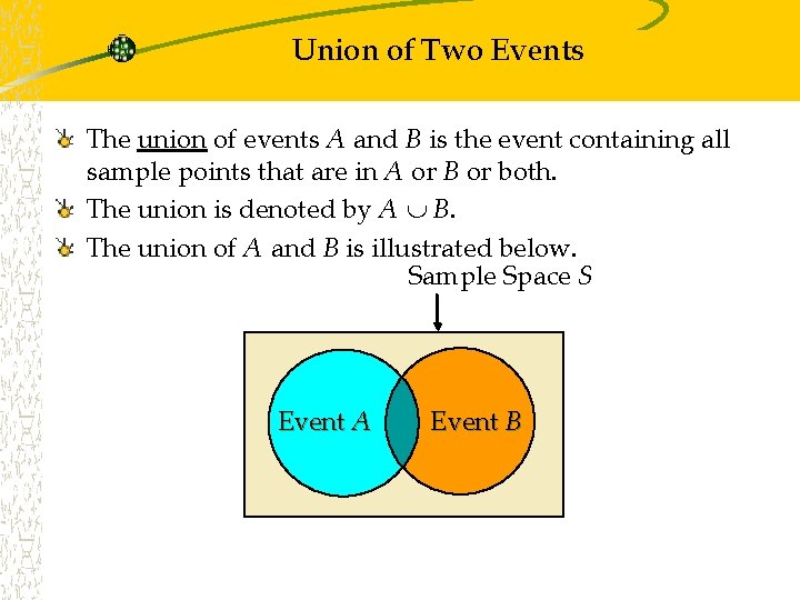 Union of Two Events The union of events A and B is the event Union of Two Events The union of events A and B is the event