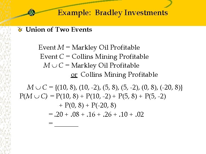 Example: Bradley Investments Union of Two Events Event M = Markley Oil Profitable Event Example: Bradley Investments Union of Two Events Event M = Markley Oil Profitable Event