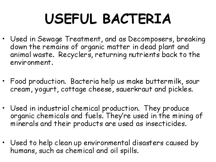 USEFUL BACTERIA • Used in Sewage Treatment, and as Decomposers, breaking down the remains