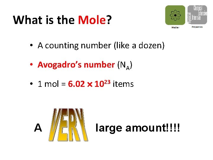 What is the Mole? • A counting number (like a dozen) • Avogadro’s number