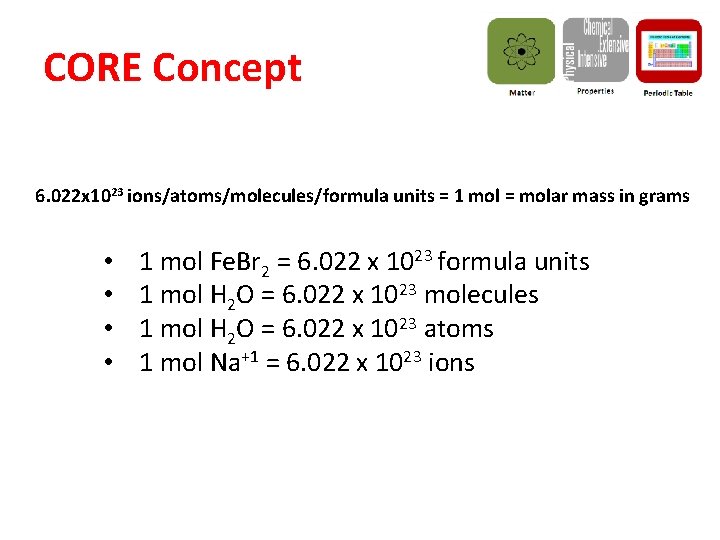 CORE Concept 6. 022 x 1023 ions/atoms/molecules/formula units = 1 mol = molar mass