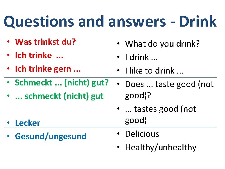 Questions and answers - Drink • • • Was trinkst du? Ich trinke. .