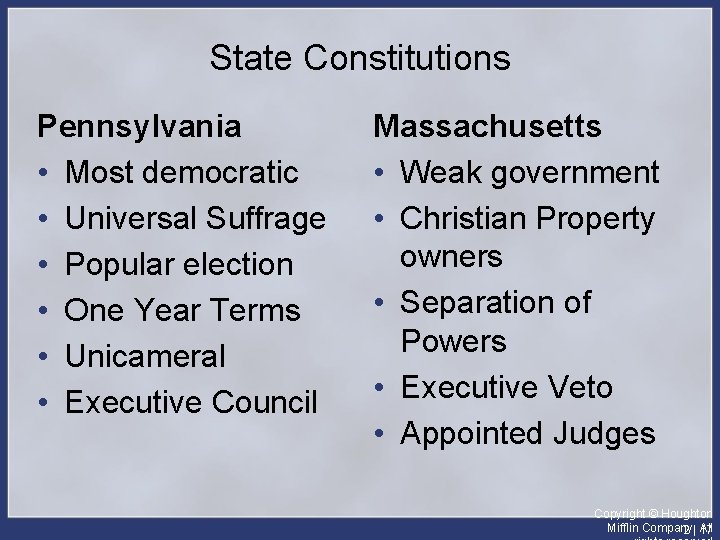 State Constitutions Pennsylvania • Most democratic • Universal Suffrage • Popular election • One