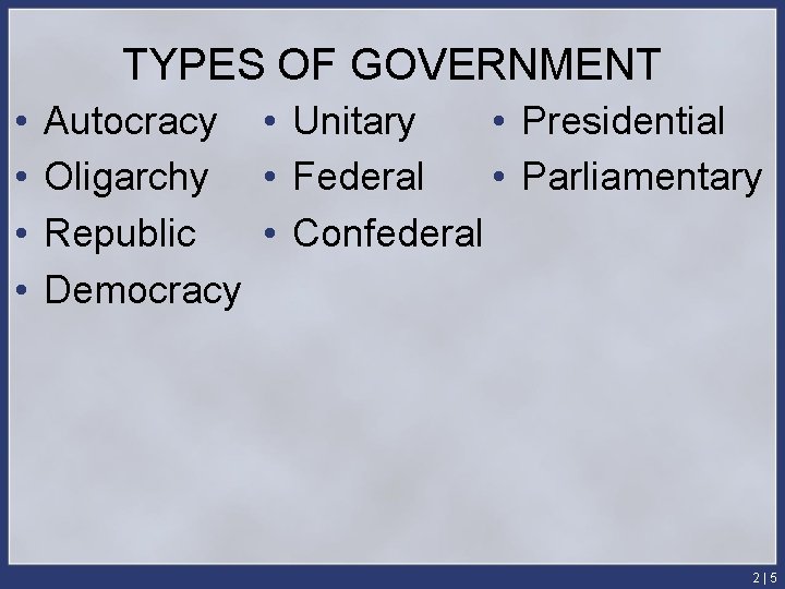 TYPES OF GOVERNMENT • • Autocracy • Unitary • Presidential Oligarchy • Federal •