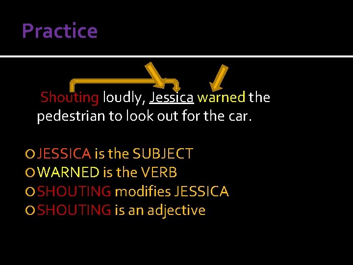 Practice Shouting loudly, Jessica warned the pedestrian to look out for the car. JESSICA