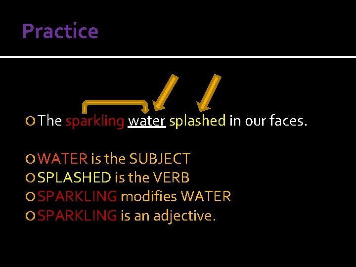 Practice The sparkling water splashed in our faces. WATER is the SUBJECT SPLASHED is