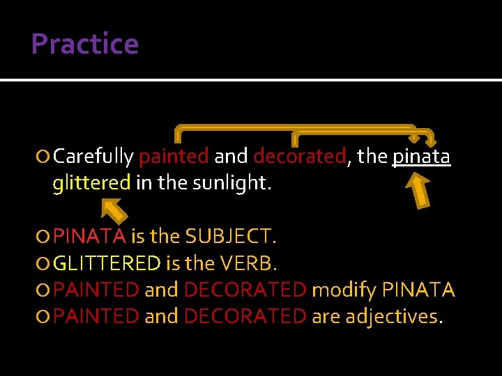 Practice Carefully painted and decorated, the pinata glittered in the sunlight. PINATA is the